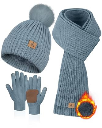 LOROME Damen-Wintermütze, Schal, Handschuhe, Set, Fleece, gestrickt, Bommelmütze, warmer Halstuch, Touchscreen-Handschuhe, Wintergeschenk, Hell, blau, 5 1/8-7 7/8