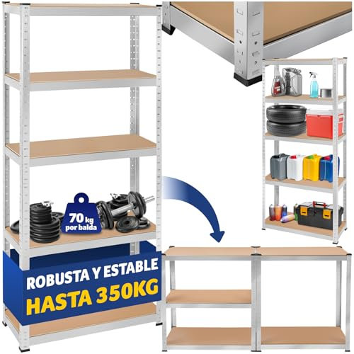 tectake® Schwerlastregal 180 x 75 x 30 cm, Werkstattregal, 70 kg pro Boden, Tragkraft 350 kg, 5 verstellbare Böden, Regal mit Werkbank-Option, Lagerregal für Werkstatt, Garage, Keller - 350 kg