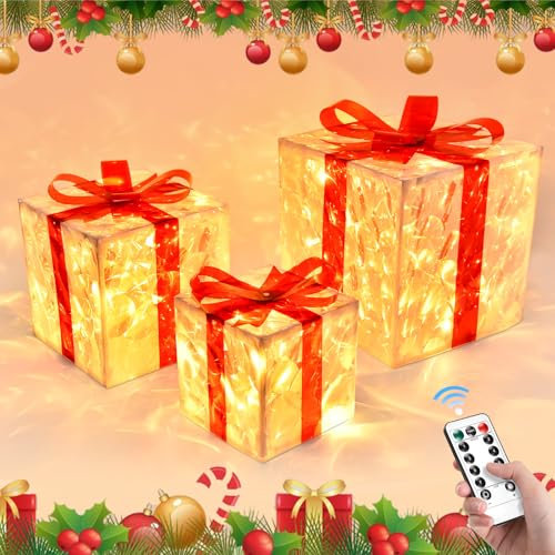 JONRRYIN LED Geschenkbox Weihnachten, 3er Set LED Deko Geschenkbox mit Fernbedienung, Timer, 8 Blitzmodus und Schleifen, Geschenkbox für Weihnachts Dekoration, Party und Geburtstag (3SET)