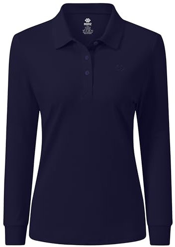 MoFiz Women's Long Sleeve Polo Shirts Lady-fit Golf Tennis Top Cotton Casual Work Golf Gym Active Sport Shirt with Buttons Navy Size US M