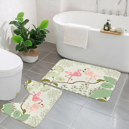 AELKSP Badezimmerteppich Set 2 Teilig,Blühender Blumenhgrund mit Flamingo auf AST,rutschfest Waschbar Badvorleger Set,Saugfähig Badematte Badteppich Set mit