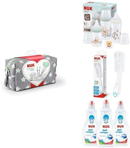 Bundle of NUK Baby Care Welcome Set 7 Pieces + NUK Perfect Match Baby Bottles Set 0-6+ Months + NUK 2 in 1 Flexible Bottle Brush + NUK Baby Bottle Cleanser | 500 ml
