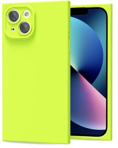 oakxco for iPhone 13 Case Silicone Square Edge, Y2k Rectangle Soft Rubber Gel Cute Phone Case for Women, Girly Aesthetic Trendy Design, Thin Slim Matte TPU Protective Cover, Neon Green