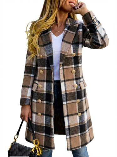 IDEALSANXUN Langer, karierter Wollmantel für Damen, Herbst und Winter, zweireihig, Trenchcoat, Peacoat Jacken