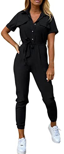 Overalls Rompers with Open Legs Women's Short Sleeve Cropped Coverall Button Down Tie Waist Cargo Jumpsuit Boiler Suit Women