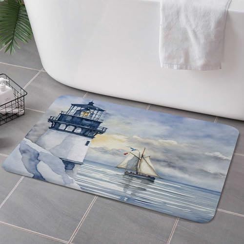 Hjokiupt Badteppiche mit Leuchtturm für Badezimmer, Ozean, nautischer Sonnenaufgang, Strand, Meereslandschaft, rutschfester Flanell-Badteppich, Segelboot, schnelltrocknend, wasserabsorbierend, 43,2 x