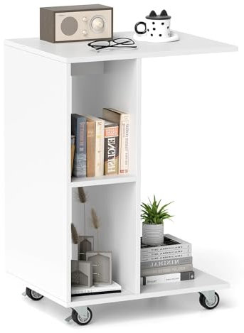COSTWAY Beistelltisch mit Rollen, Sofatisch Couch C-Form, Nachttisch Holz, Couchtisch Zeitungsständer mit Ablageflächen, für Wohnzimmer & Schlafzimmer, 45 x 35 x 64,5 cm, weiß