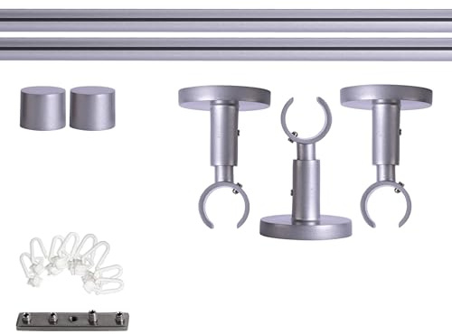 Victoria M. Gardinenstange Set mit Kappenknäufen mit Deckenhalter und Flachring und Innenlauf Ø 19 mm Länge 280cm, 1-Läufig, Silber