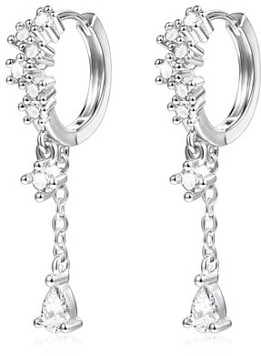 Ohrringe Silber 925 Creolen mit Anhänger, Kleine Rund Tropfen Ohrhänger Silber 925 Lang CZ Hängend, Hängeohrringe Silber Mit Kette Verbunden Modeschmuck Geschenk für Freundin Mama