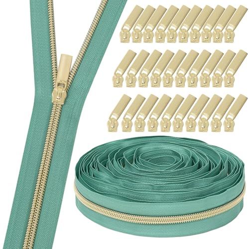 GUBOCA 9 M Reißverschluss,Näh Endlosreißverschluss mit Zipper,mit 30 Stück Reißverschlüsse Zubehör für Taschendekoration (Gold,Grün)