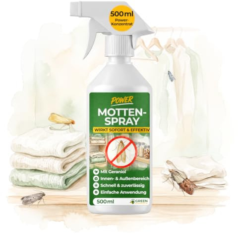 GREEN GUARDIA Motten Abwehrspray Power-Konzentrat 500 ml – Motten schnell & effektiv loswerden mit Langzeitwirkung - Mottenmittel für Lebensmittelmotten & Kleidermotten - Rückstandsfrei