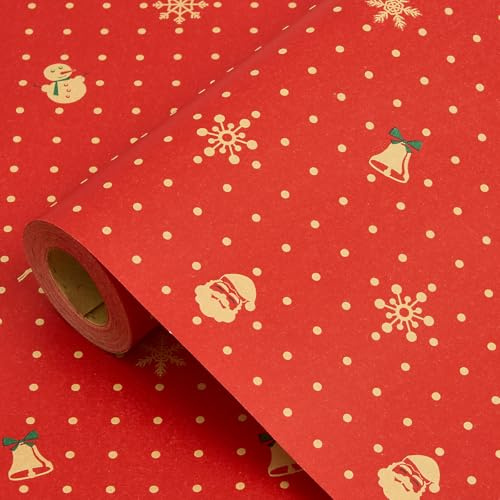 Rouleau de papier cadeau de Noël rouge : Papier cadeau de Noël en kraft recyclable imprimé de flocons de neige et du Père Noël - 43 cm x 15 m
