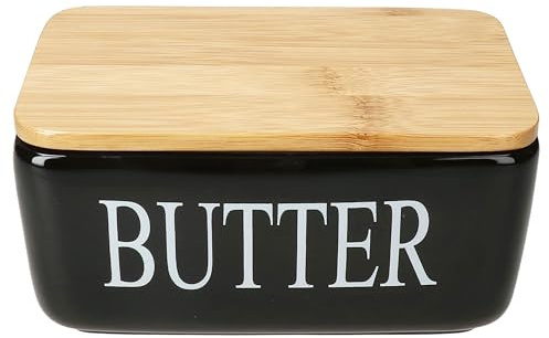 MamboCat Reni Burriera con coperchio in bambù, rettangolare in ceramica nera con scritta bianca, per 1 pezzo di burro (250 g), per conservare burro e margarina