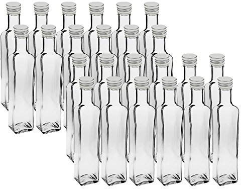 Vitrea 24 leere Glasflaschen 250ml Schraubverschluss Gold Eckig mit Etiketten - kleine Flaschen zum Befüllen mit Deckel - für Saft, Getränke, Likör, Öl, Saucen - 24 Stück, Maraska