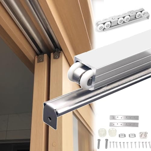 60 100 150 200 250 cm Bypass-Schiebetürbeschlag-Set, verdecktes Deckenschienensystem für Schiebetüren für Faltkleiderschränke und den Innenbereich(White,87cm/34in)