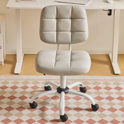 Bonnlo Bürostuhl ohne Armlehne, Kleiner komfortabler schreibtischstuhl mit Rollen, Drehstuhl Höhenverstellbar für Büro, Schlafzimmer, Arbeitszimmer, Schminkstuhl aus Leder, Grau