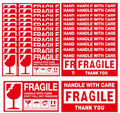100 Stk Warnetiketten Aufkleber Zerbrechlich Fragile, 9 x 5 cm Paketaufkleber handle with care Red-Whit Versandaufkleber selbstklebend Fragile Aufkleber