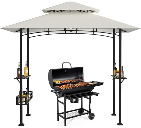 Peviasot Grillpavillon 238 x 148 x 242 cm, BBQ Pavillon mit Doppeldach, 2 Seitenablagen, Ablagekorb, 10 Haken, Flaschenöffner, UV30+ Sonnenschutz, cremeweiß, für Garten und Terrasse