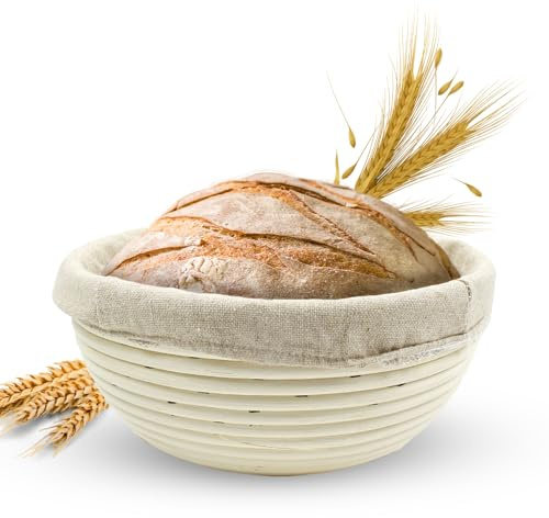 Vollum Banneton Bread Proofing Basket & Liner – 1 lb – 8.5”D x 3” H Round Brotform – Handmade Rustic Sourdough Bread Baking Supplies, Banneton Basket, Sour Dough Tools, Gifts for Bakers