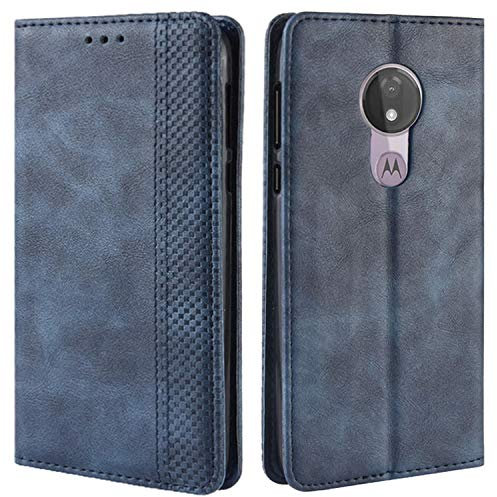 HualuBro Coque Moto G7 Power, Etui Housse à Rabat en Retro PU Cuir Flip Leather Case Cover Antichoc Portefeuille Protection Stand Coque pour Motorola Moto G7 Power (Bleu)