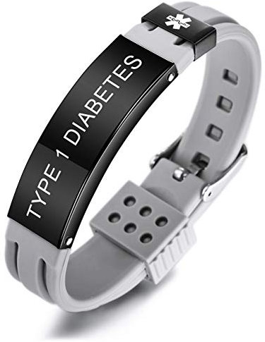 MOWOM Medical SOS Notfall Armband Personalisiertes Gravur Silikon Edelstahl Namensarmband Männer Damen Jungen Mädchen - Bündel mit Notfallkarte, Kartenhülle (Grau Type 1 Diabetes)