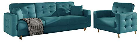 MOEBLO Couchgarnitur 3+1 Sofa 3-Sitzer + Sessel Sofa Garnitur Stoff Glamour Wohnlandschaft - Aslan (Grün (MatVelwet 75))