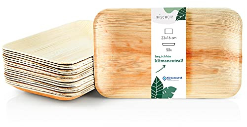 Wiseware Palmblatt Teller - 50 Stück Einwegteller rechteckig 23 x 16 cm - biologisch abbaubares Palmblattgeschirr - kompostierbares Partygeschirr - Bio Einweggeschirr