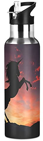 Vnurnrn Art Cheval Licorne Animal Bouteille d'eau Isotherme avec Paille en Acier Inoxydable Gourde 600ML, Sans Bpa Gourdes Eau pour Enfant Sport Randonnée École Bureau