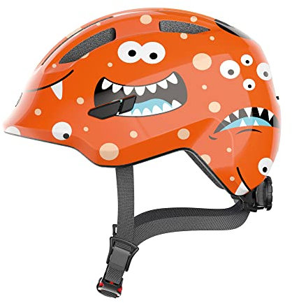 ABUS Kinderhelm Smiley 3.0 - Fahrradhelm mit tiefer Passform, kindergerechten Designs & Platz für einen Zopf - für Mädchen und Jungs - Orange mit Monster-Muster, Größe M