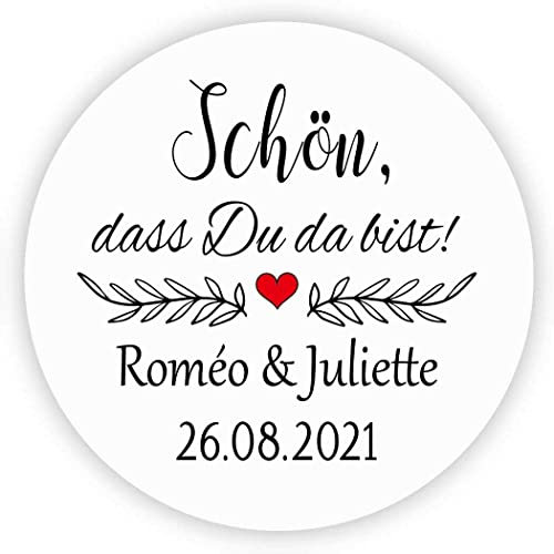 MameArt 50 Stickers Aufkleber Hochzeit Personalisiert Schön DASS Du da bist, 4cm Etikett für Hochzeit Gastgeschenk Taufe Kommunion Feste Geschenke Präsente (Weiß)