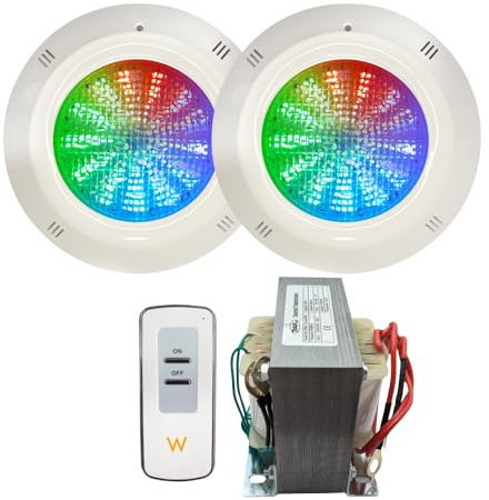 SWIMHOME Pack Iluminación Piscina | 2 Focos LED de Superficie + Control Remoto ON/Off + Transformador | ABS Blanco Resistente | Ø29 cm 35W 12V/AC RGB 2 Hilos | Transformador 100W 12V/AC