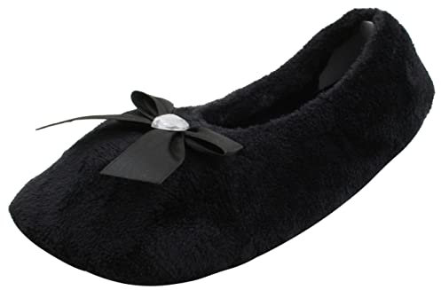 Atania Ladies Velour Ballerina Slippers with Bow Black 5/6 UK