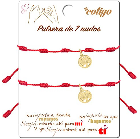 cotigo, Pulsera Roja de 7 Nudos con Amuleto en Acero, Suerte y Protección, Pulsera Mal de Ojo para Parejas y Amistad, Bisutería Ajustable para Mujer y Hombre (Árbol de la Vida - Dorado)