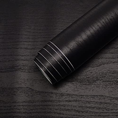 TOTIO Reines Schwarze Holzmaserung Klebefolie PVC-Selbstklebetapete Wasserfeste Vinyltapete Matt Eingedickt 40CMx9M Abziehen und Aufkleben DIY Möbelaufkleber für Schubladenschränke für Küche und Bad