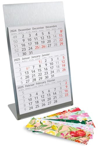 Timr Tischkalender zum Aufstellen aus Edelstahl I für 2 Jahre 2025/2026 I Blumen-Motive in Aquarell I 3-Monatsübersicht mit Block Magneten I tr128