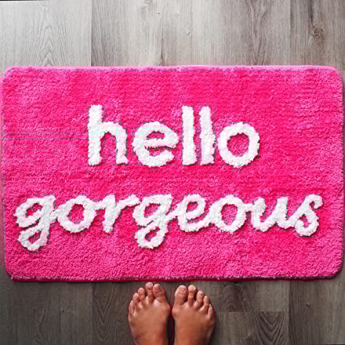 Hello Gorgeous Bath Mat Hot Pink Dark Magenta Fuchsia Blush Peach Coral Cute Beautiful Bathroom Rugs for Girls You Look Good Gorgeous Funny Shower Fun Bathroom Decor Non-Slip Washable Kids Women