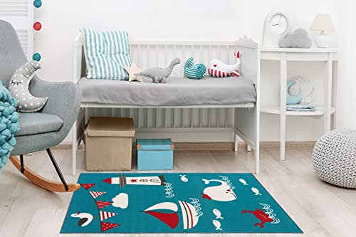 eCarpet Kinderteppich für Schlafzimmer, Spielzimmer, Kinderzimmer — Spielmatte Meer Ozean Boot, Teppich — Spielkollektion, 100 cm x 150 cm