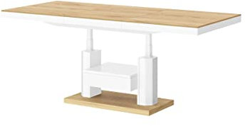 HM-120 Couchtisch Eiche Natur / Weiß Hochglanz ausziehbar höhenverstellbar 120/170cm Schublade modern vielseitig Wohnzimmertisch Esstisch Beistelltisch Sofatisch platzsparend hochwertig Wohnzimmer