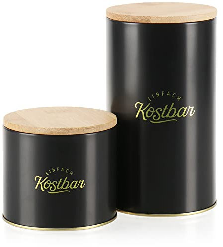 com-four® 2-teiliges Vorratdosen-Set mit Bambus-Deckel - Aufbewahrungsbox aus Metall für Lebensmittel - Organizer für die Küche - Metall-Behälter mit Schriftzug (02 Stück - schwarz/goldfarben)