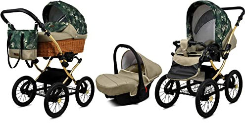 BabyLux Kinderwagen 3in1 mit Autositz für Kleinkinder – Kinderwagen für Neugeborene und Kleinkinder –– Baby Neugeborenen Kinderwagen – 59x105x125cm – Max 15kg – Fern Leaf Gold Frame