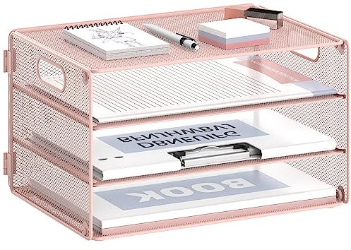 DALTACK Bandeja de Papel Rosa de 3 Niveles con Asas, Organizador de Papel para Escritorio, Organizador de Archivos de Escritorio para Escuela, Oficina, organización del hogar, Malla de Metal