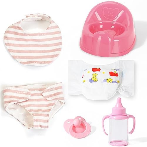 eDollable Realistisches Zubehörset für 30 cm Puppen Enthält EIN Lätzchen, einen Schnuller, eine Windel, eine töpfchen und EIN Fläschchen Perfekt für Kinder, Kleinkinder und Mädchen