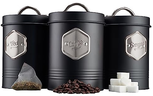 Cooks Professional 3 Piece Tea Coffee Sugar Cannister Set | Labelled Storage Tins | Containers with Airtight Lids | Canisters for Kitchen Accessories & Essentials | Black & Silver