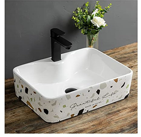 Waschbecken Rechteckiges Waschbecken mit schwarzem Wasserhahn, modernes Terrazzo-Keramik-Badezimmer-Waschbecken über Theke, Waschtisch, Porzellan-Kunstbecken, kein Überlaufloch Aufsatzwaschbecken ( Si