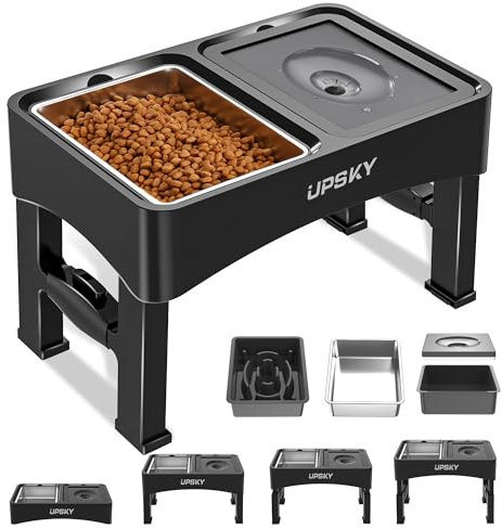UPSKY 3-in-1 Elevated Dog Bowls Slow Feeder, 4 Height Adjustable Raised Dog Bowl Stand, No Spill Dog Water Bowl and Stainless Steel Dog Food Bowl Dispenser for Small Medium Large Dogs, Cats, Black.