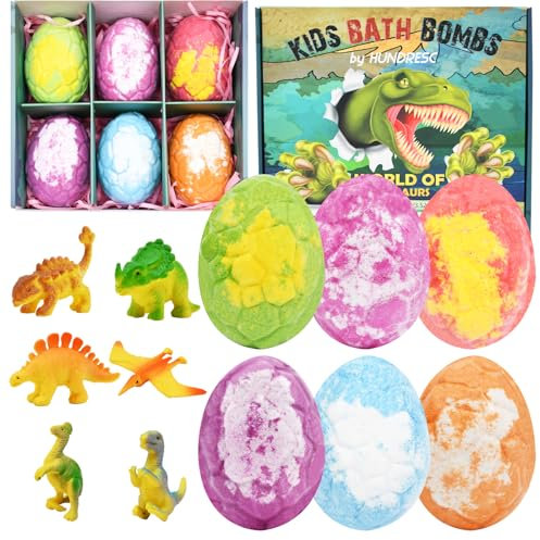 6 Pieces Dinosaur Egg Bath Bombs Set for Kids, 100g Each, Large Dino Egg Shower Bath Balls Fizzies with Mini Dinosaur Toys Inside for Easter Day, Christmas, or Birthday Gifts for Boys Girls