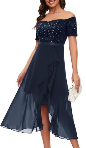 Berylove Summer Evening Dress Women's Elegant Off Shoulder Cocktail Dress Lace Same Colour Sequins Short Sleeves Ruffle Slit Chiffon Dress Midi Ball Dress Festive Wedding Dress, navy, XL