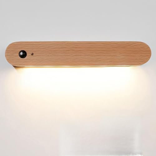 Holz Wandleuchte mit Bewegungsmelder USB Aufladbar Wandlampe Warmweiß LED Nachtlicht mit Magnetstreifen 2 Modes Kabellos Akku Wandbeleuchtung für Schlafzimmer Flur Küche Treppenhaus Wohnzimmer Schrank
