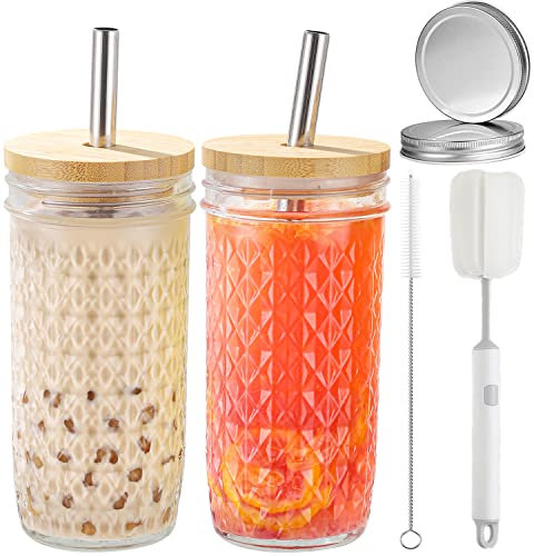 2-Pack 24oz Glass Cups Tumbler with Lids and Straws, Reusable Boba Bubble Tea Cups, Mason Jar Drinking Glasses Iced Coffee Cup for Long Drinks, Water, Cocktail, Whiskey, Soda, Gift