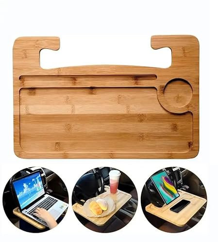 Bandeja de Bambú para Volante del coche - Mesa Multifuncional para Comer - Escritorio para volante de automóvil - Bandeja con Portavasos de Coche Soporte Portátil, Móvil y Tablet - Talla Única 40x28cm